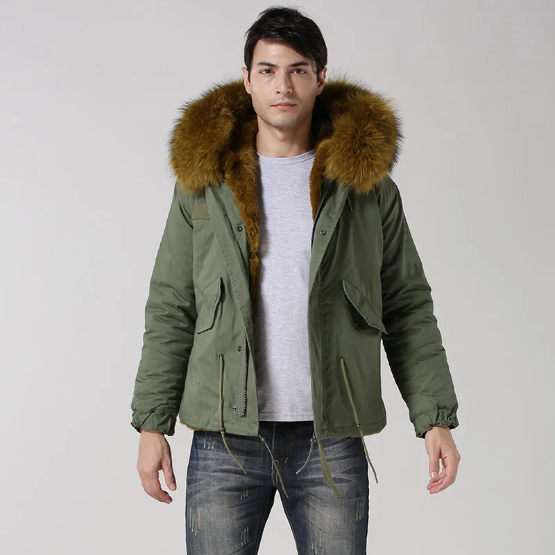 2015 new winter ArmyGreen Short paragraph Hooded raccoon fur collar Men Fur Coat JSH844
