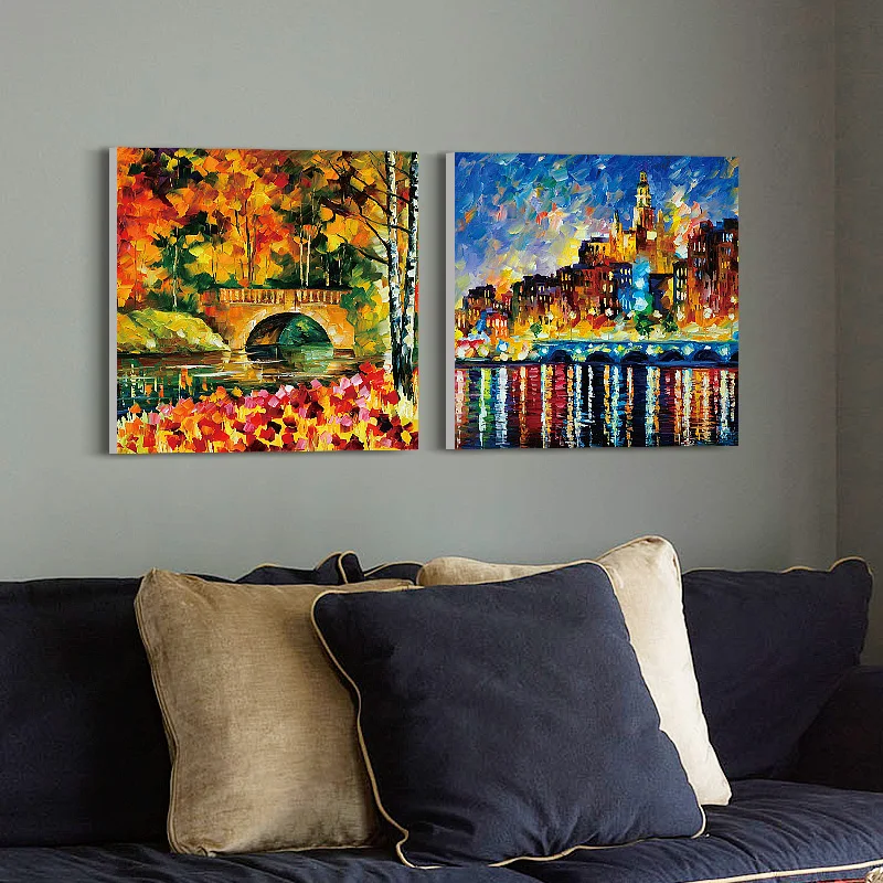 Modern abstract bright colors with flowing split canvas paintings