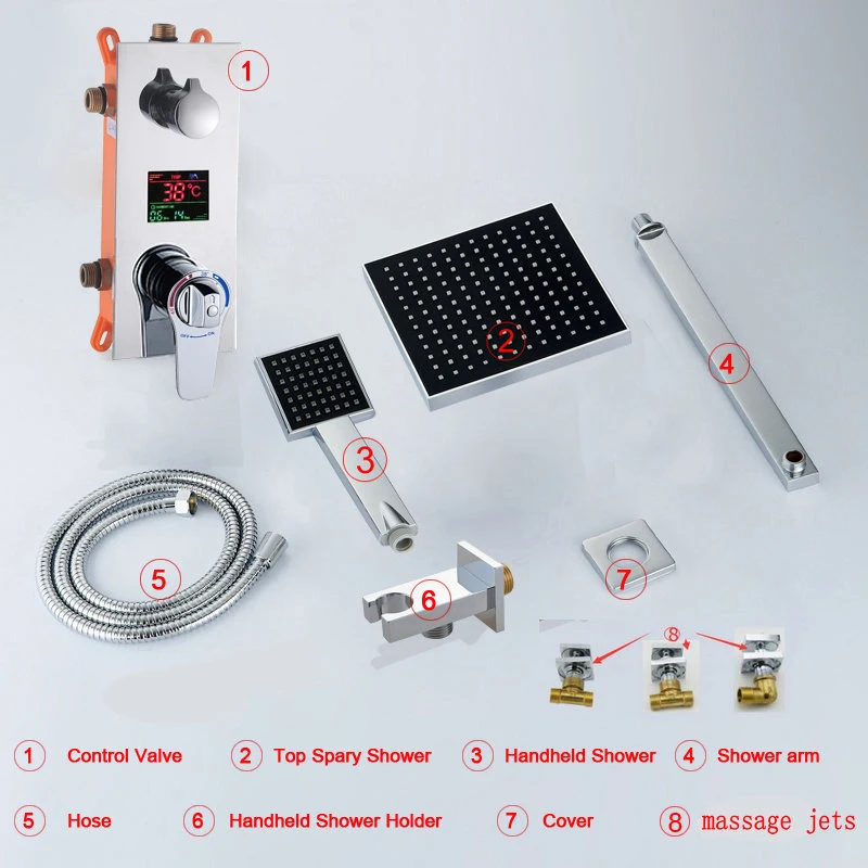 Ванная комната душ 3 функции массажными струями термостатический светодиодный душ с цифровым дисплеем смеситель Concea светодиодный 1" осадки Насадки для душа