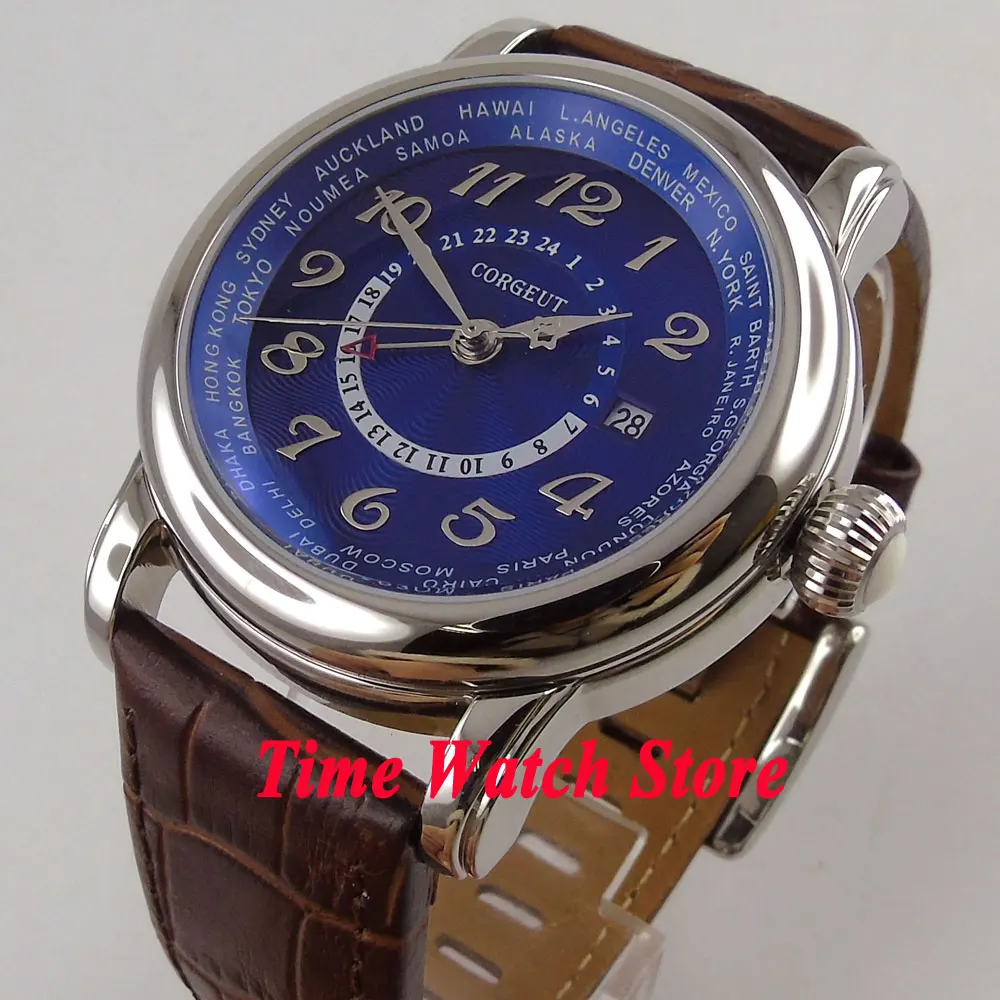 

Luxury 43mm Corgeut men's watch Royal Blue dial silver hands Dual time zone GMT Automatic movement Cor37