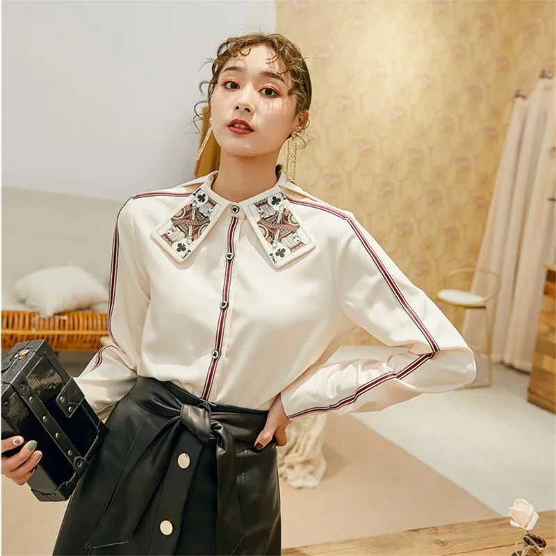 

TANG 2019 women poker print collar shirts button up designer runway tops long sleeve femme clothing office lady blouse