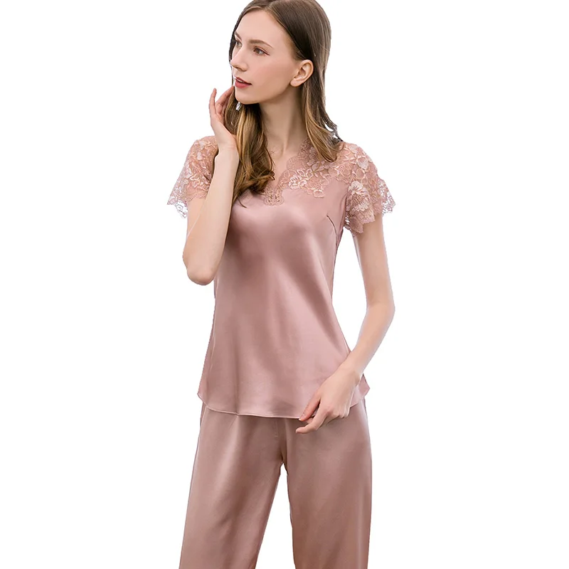 

100% Real Silk Pajamas Set For Women Lace Flower Solid Short Sleeves Luxury Natural Pure Silk Ladies Sleep Wear Nightwear Pyjama
