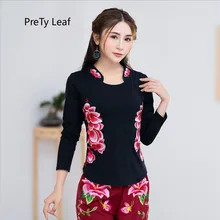 Китайский стиль Ранняя весна хлопок воротник тонкий вышивка с длинными рукавами футболка