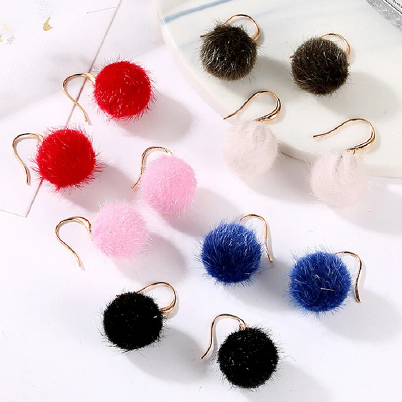 Fur Pom Pom Ball Dangle Earrings Drop Earrings 7 Colors Cute Christmas