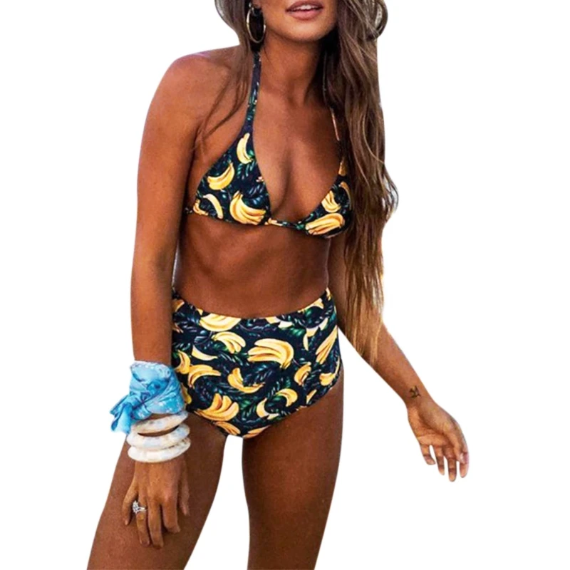 

Women Sexy Bikini Set Push Up Halter Neck Banana Print Bra Thong Bikini Two Pieces Swimsuit