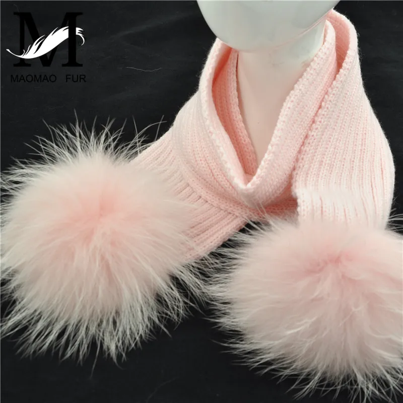 Jaxmonoy Child knitted Wool Scarf Winter Kids Scarves With Detachable Real Raccoon Fur PomPoms Baby Girl Boy Neck Warmer Scarf