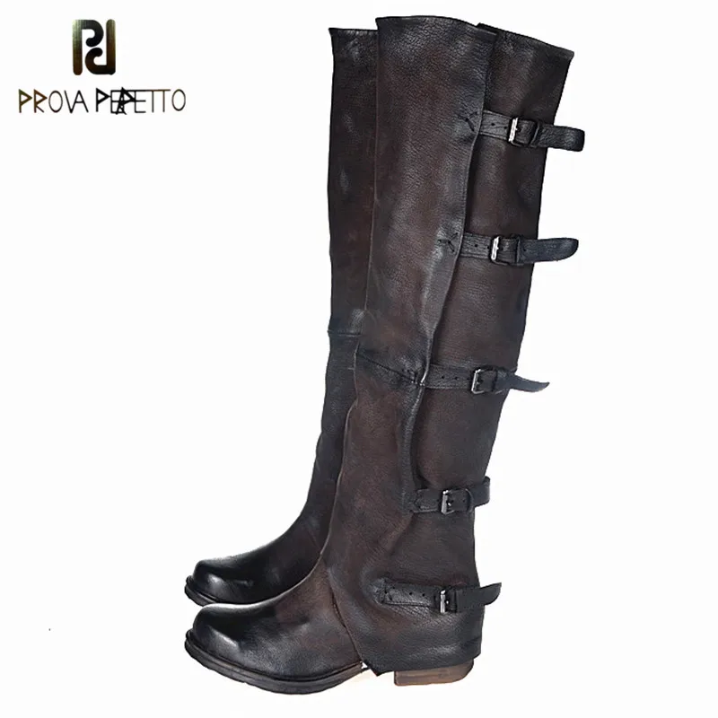 

Prova Perfetto British Belt Buckle Knight Boots Side Zipper Easy To Wear Solid Color Contracted Temperament Retro Knee Boots