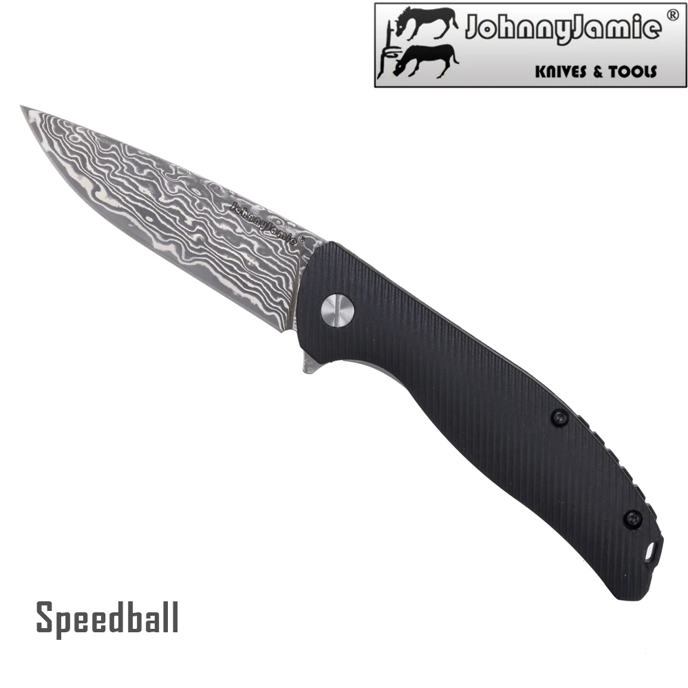 JohnnyJamie Speedball VG10 Damascus Knife Folding Steel Blade Black FRN