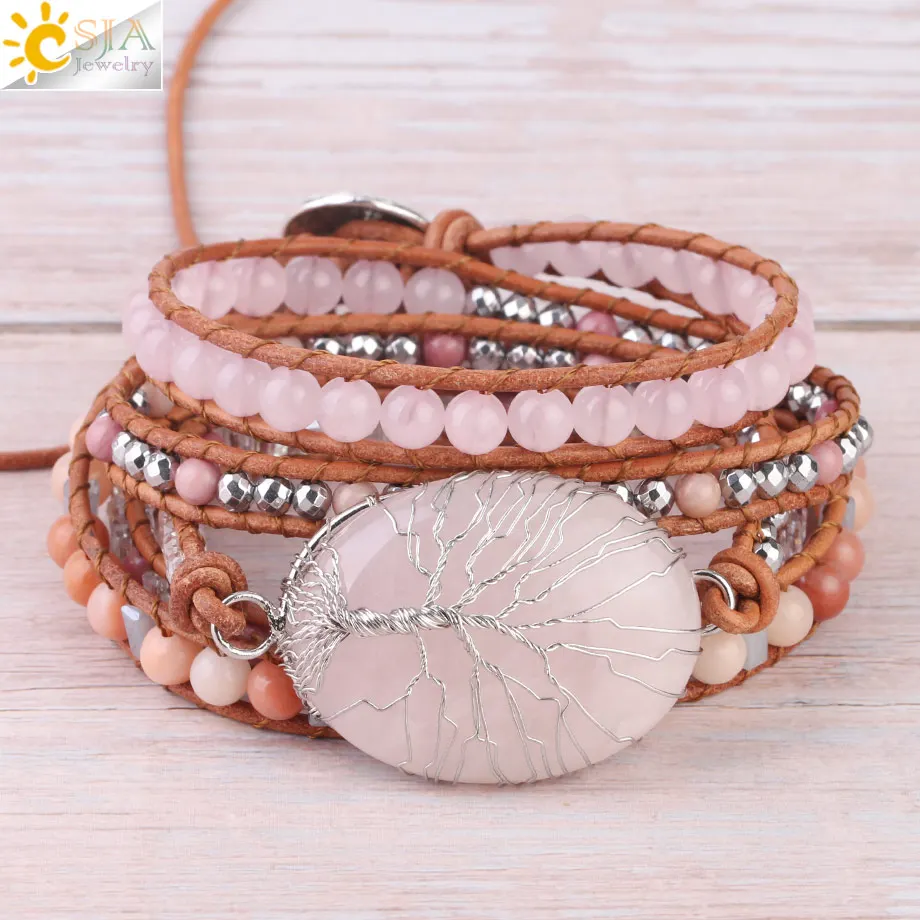Comprar CSJA Árbol de la vida joyería de las mujeres Natural de cuarzo rosa cristal piedra encantos pulsera de cuero trenzado gemas de cuentas Wrap pulseras S349