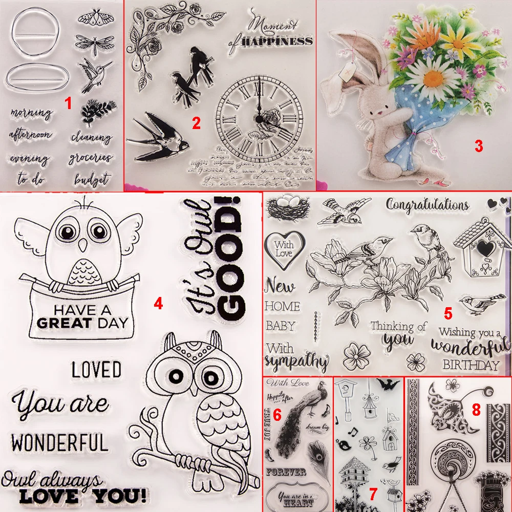 

Happy Bird Transparent Silicone Clear Stamps DIY Scrapbook Embossing Card Art Totems Peacock Owl Swallow Clock Flower Rabbit
