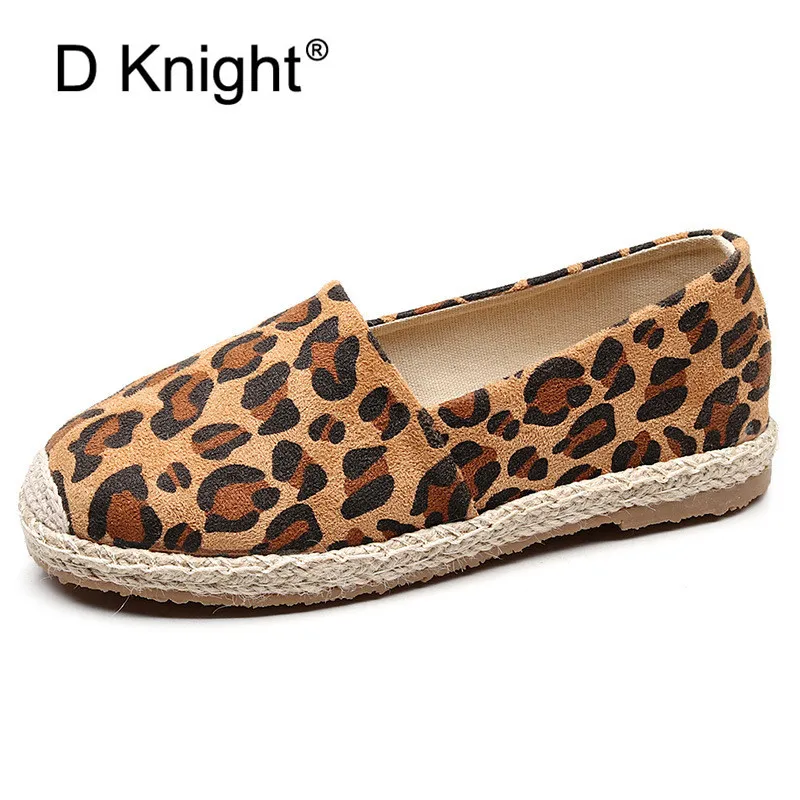 

D Knight Leopard Grain Flat Shoes Women Hemp Fisherman Espadrilles Loafers Casual Round Toe Women Flat Shoes Size Big Size 35-40