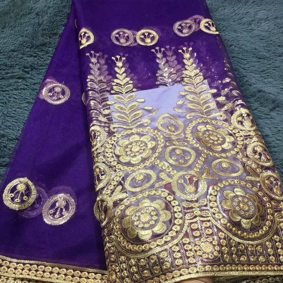 purple And Gold Sequined African French Mesh Net Lace Fabric For India