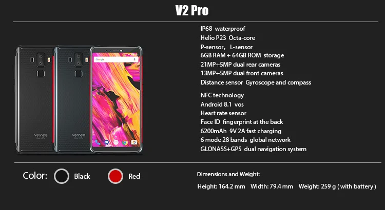 VERNEE V2 PRO 6GB RAM 64GB Helio P23 MTK6763 2.0GHz Octa Core 5.99 Inch IPS Corning Gorilla Glass FHD+ Full Screen Quad Camera IP68 Waterproof Android 8.1 4G LTE Smartphone
