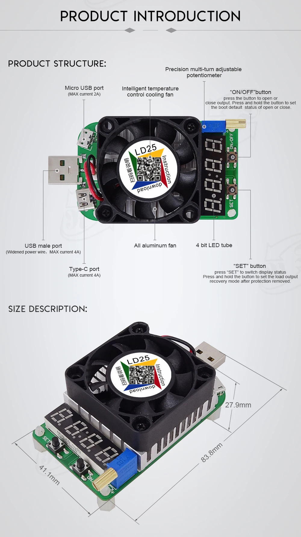 LD25 USB Интеллектуальная защита регулируемый электронный Вольтметр постоянного тока Напряжение тока 25 Вт Сопротивление усилителя