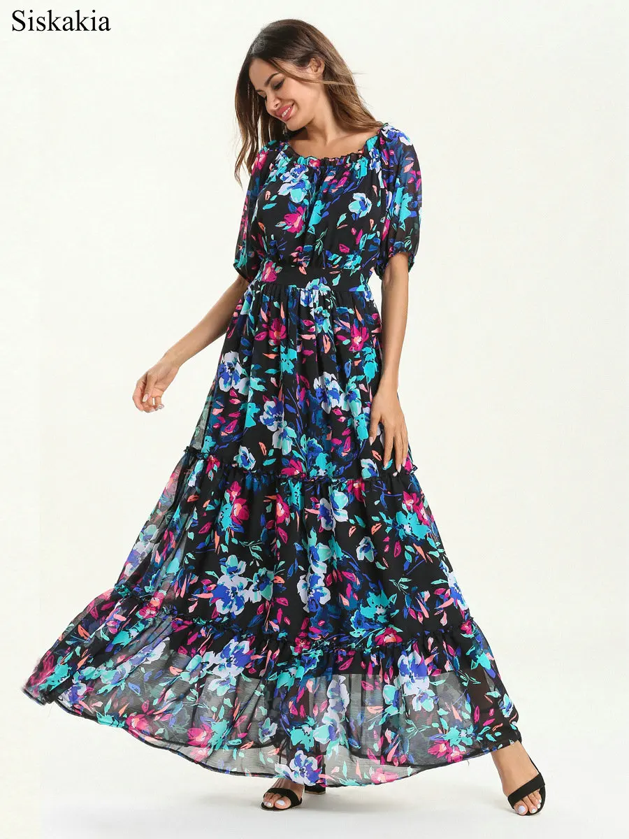 Siskakia Office Ladies Summer Dress Print Elastic Waist Slash Neck Wrapped Breast Long Dresses Color Chiffon Swing Female Dress (6)