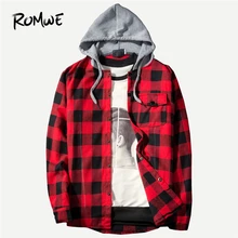 ROMWE мужской красный полосатый с капюшоном рубашка с длинным рукавом Mankind модная мужская одежда Осенняя Повседневная Мужская s топы Мужские рубашки с завязками