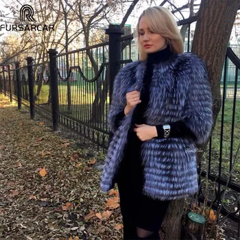 

FURSARCAR Winter Real Silver Fox Fur Women Natural Genuine Silver Fox Fur Coat 80cm Long Round Neck Fur jacket C6