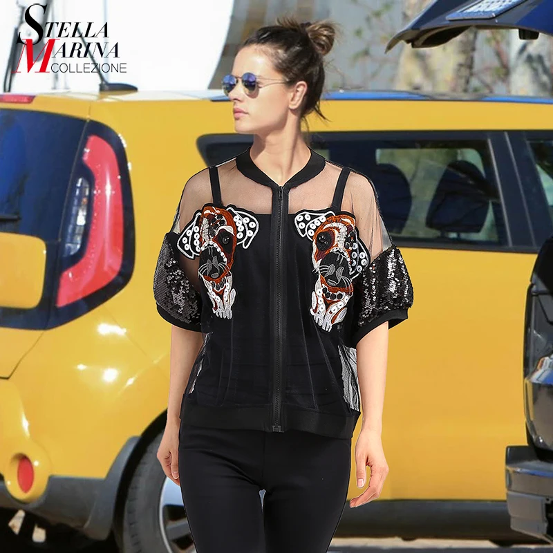 2018 European Women Summer Black Mesh Blouse Half Sleeve With Sequin Zipper Dogs Patch Girls Stylish Shirt Cool Street Wear 3396 |