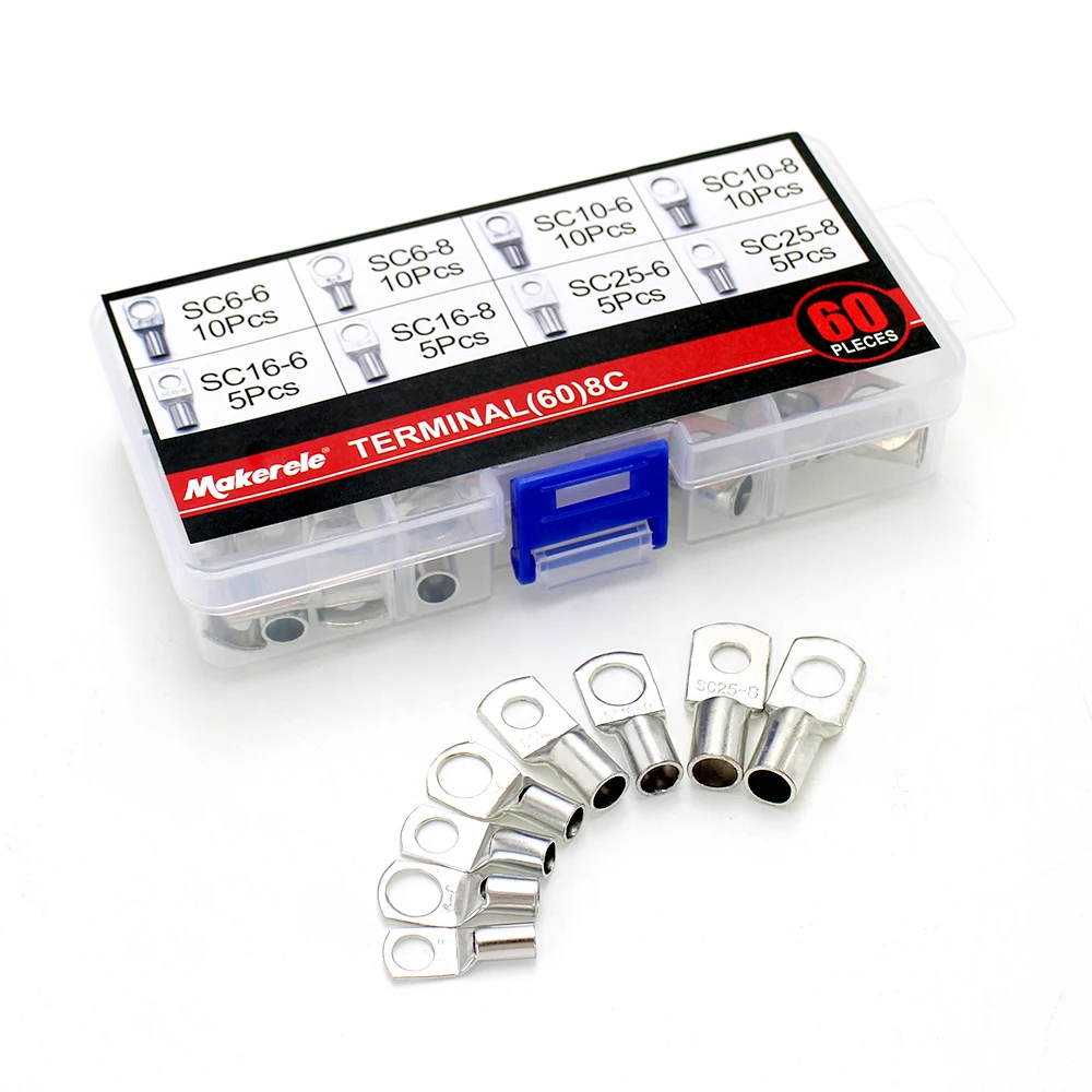 

Hot Sale 60pcs Bolt Hole Tinned Copper Cable Lugs Battery Terminals Set Wire Crimp Terminals Connector Makerele