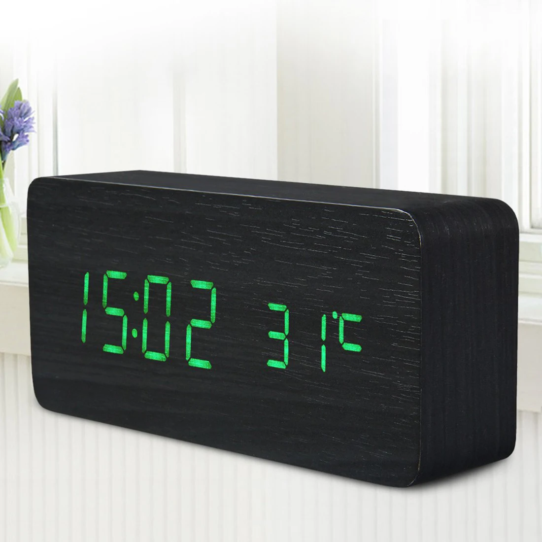 Деревянный светодиодный Будильник температура электронные часы управление звуками цифровой светодиодный дисплей Настольный Календарь настольные часы - Цвет: Зеленый