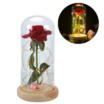 

Beauty and the Beast" Full Kit, Red Silk Rose and Led Light with Fallen Petals in a Glass Dome on a Wooden Base