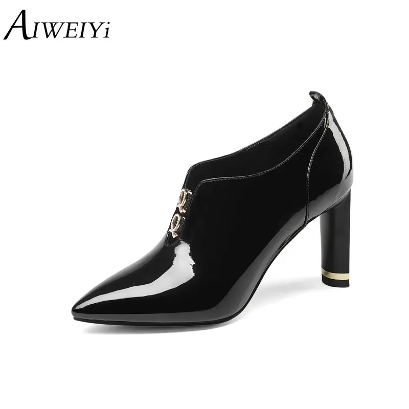 Mujer Heels black Cuero Plataforma Deslizamiento Zapatos Aiweiyi Otoño Blanco Primavera Estrecha Punta Negro Genuino Thin Bombas High En Tacones White X6x6TH