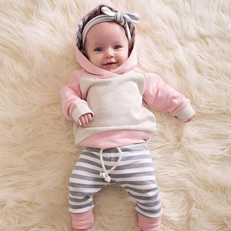 0-2 Years 3Pcs/Set Autumn Baby Boy Girl Clothes Set Hoodie Cotton Striped Cute Infant Clothing Newborn Spring A Grade Sets