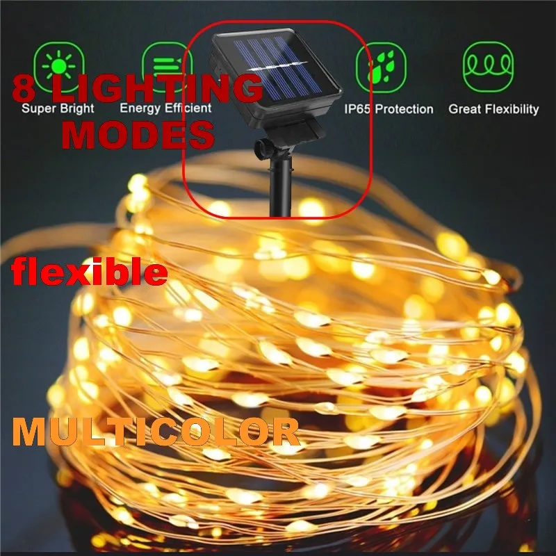 

8 modes multicolor Christmas Light 33FT Wire LED String luci natale Waterproof IP65 Solar Strings Rechargeable Solar Lamps for