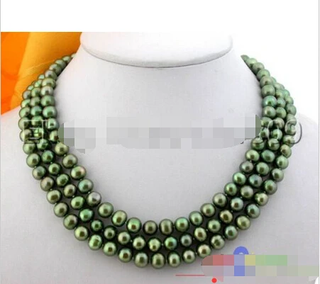 

QW456 3row 9mm green round freshwater pearl necklace magnet^^^@^Noble style Natural Fine jewe FREE SHIPPING
