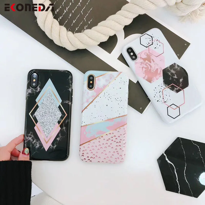

EKONEDA For iPhone 7 Plus Case Geometric Spliced Marble Cover Soft Silicone Phone Case For iPhone 6 6S Plus 8 Plus X XS Max Case