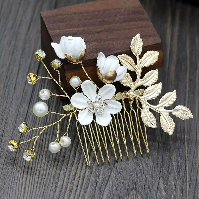 

2019 New Luxury Multicolor Flower Hair Combs Headdress Prom Bridal Wedding Hair Accessories Gold Leaves Hair Jewelry Hair Pins