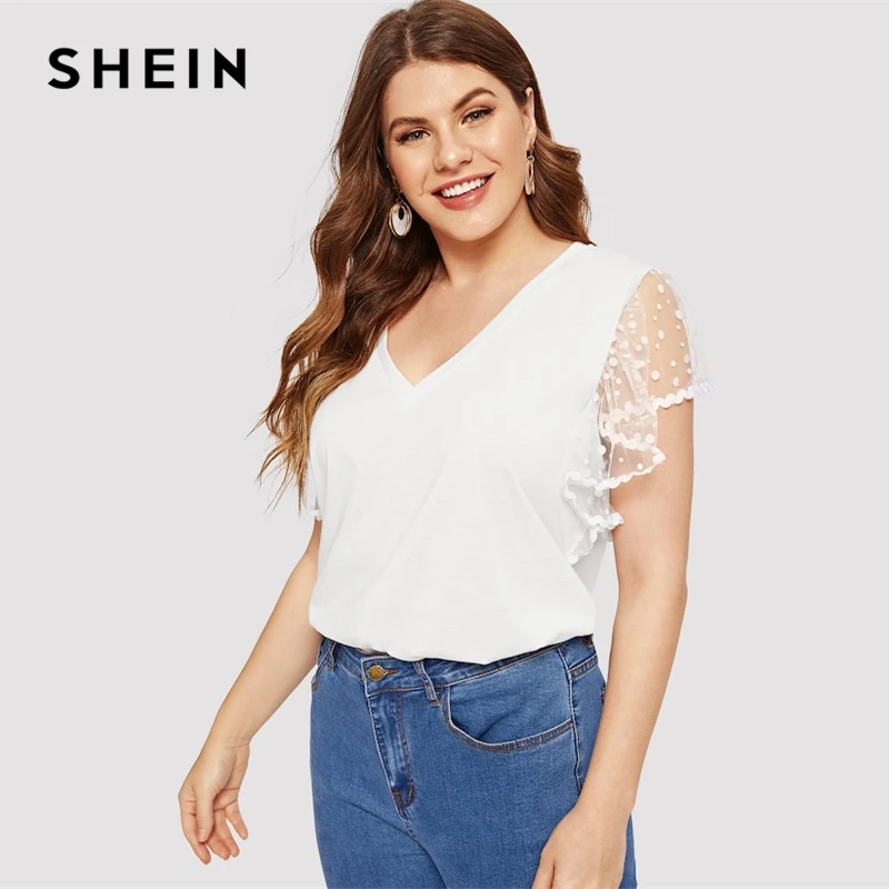 SHEIN زائد حجم الأبيض التباين شبكة الصلبة نقطة شير فراشة كم أعلى المحملات الصيف المرأة قصيرة الأكمام عارضة القمصان