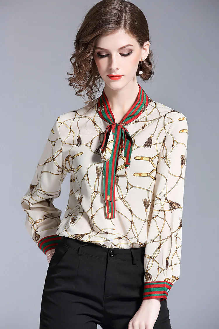 

THC Fashion Women Floral Print Office Work Wear Shirts Long Sleeve Stand Collar Bow Blouses Elegant Ladies Chiffon Blouse Tops