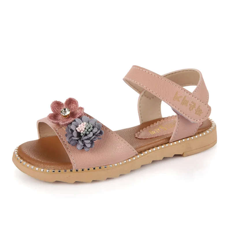 JUSTSL/пляжные сандалии для девочек; Новинка года; детская обувь принцессы с цветами; детская летняя повседневная обувь на плоской подошве; Размеры 26-36 - Цвет: Розовый