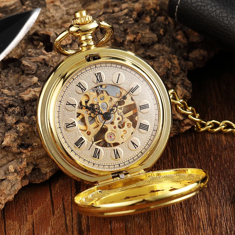 Ouro 2 lado relógio de bolso mecânico