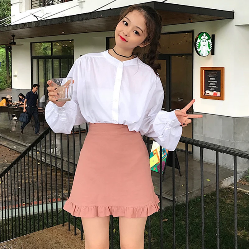 Spring Women's New Korean Fashion Long Sleeve Ladies Blouse Tops + High Waist A-Line Skirt Two Piece Set |