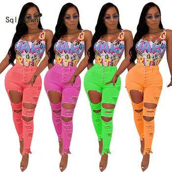 

XXL Neon Green Orange Sexy Jeans Pants Women High Stretchy Holes Casual Denim Trousers Streetwear Distressed Pencil Jeans Pants