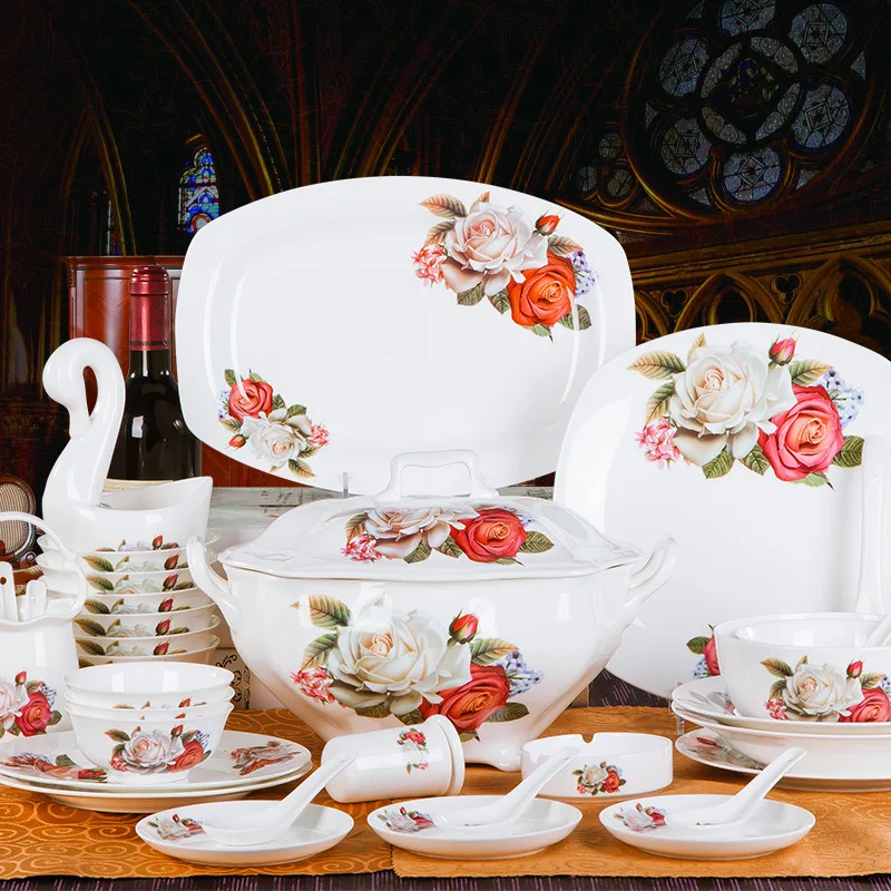 Supply of 70 bone china tableware suit wedding wedding gift Swan Kiss gift ceramic glaze color