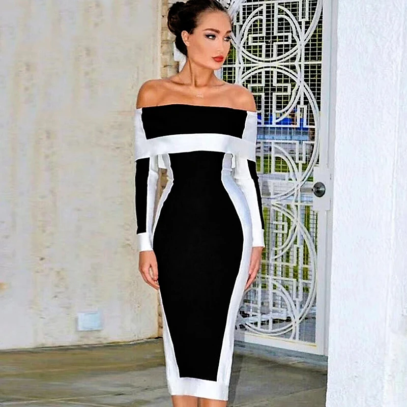 

Off the Shoulder Bandage Dress Patchwork Full Sleeve Slash Neck Dresses Celebrity Party Club Cocktail Mid-Calf Vestidos New