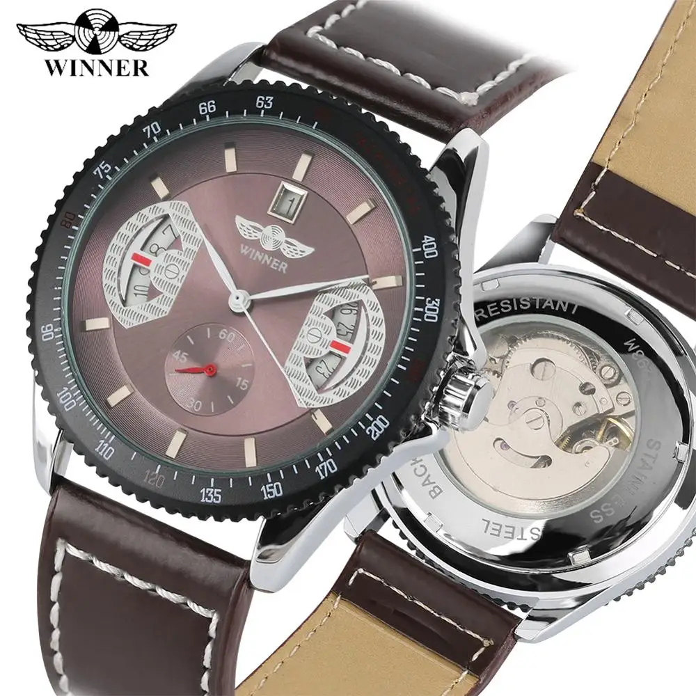 

Vintage Automatic Mechanical Watch for Men Elegant Brown Leather Mechanical Watches for Teenagers Luxury Calendar Display Watch