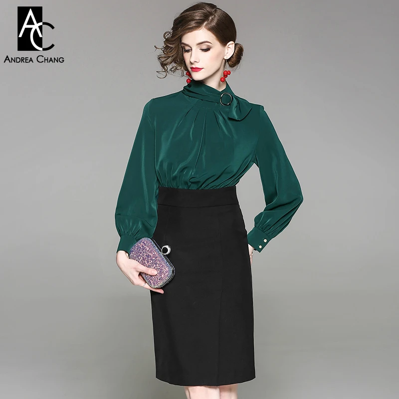 green top with black skirt