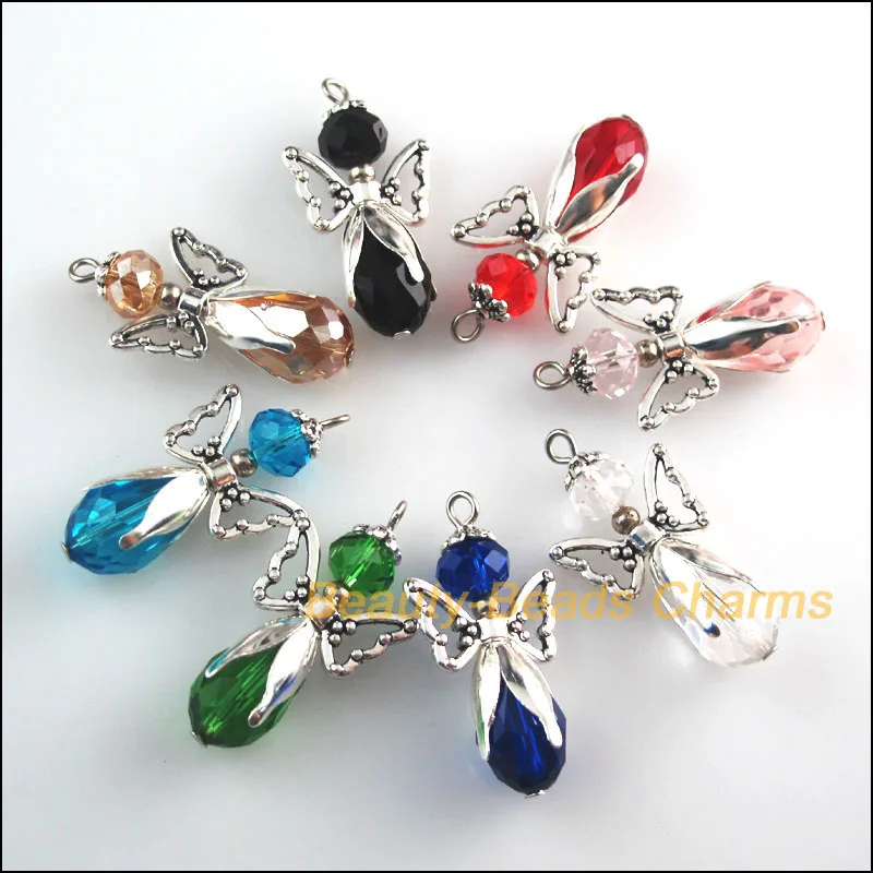 

8 New Tibetan Silver Tone Charms Mixed Crystal Angel Wings Pendants 18x34mm