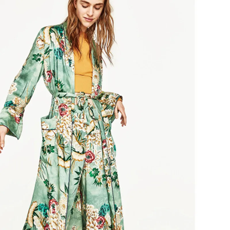 

New 2018 Vintage Floral Print Green Long Jacket Long Sleeve V-neck Cardigan Summer Tops Sashes Beachwear Femme BS227