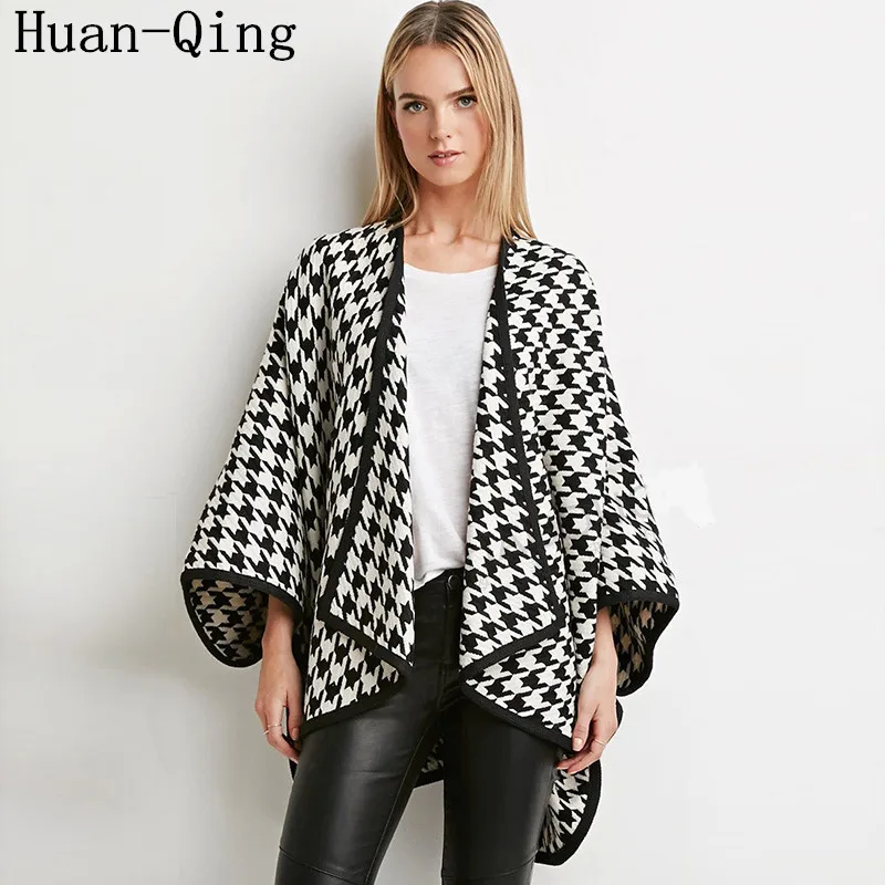 

New Europe Winter Houndstooth Coats Women Batwing Sleeve Plaid Long Woolen Coat Vintage Open Stitch Irregular Abrigos Outerwear
