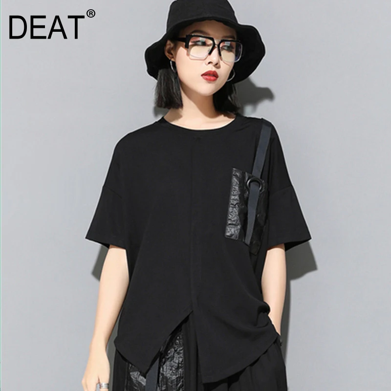 

[DEAT] 2019 New Spring Summer Round Neck Short Sleeve Black Pocket Split Joint Irregular Big Size T-shirt Women Fashion JW04