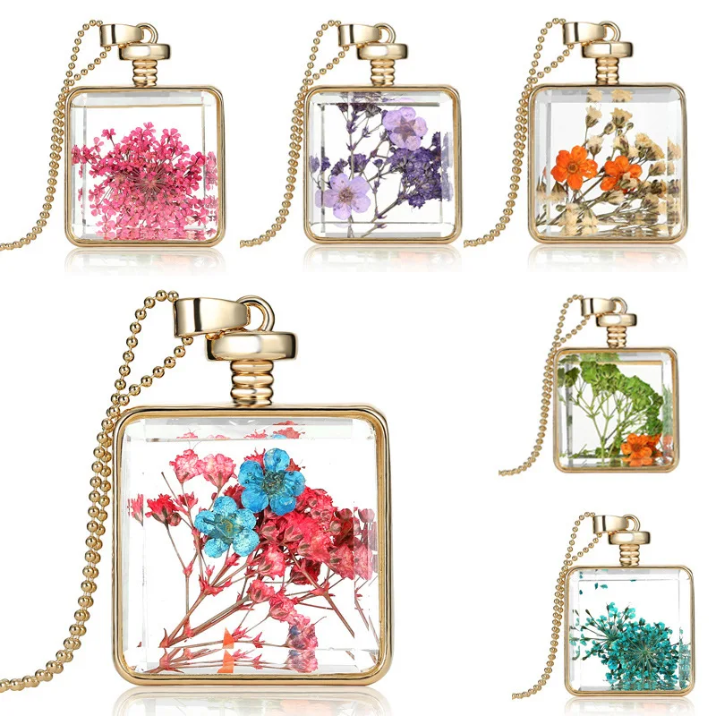 

1pcs Multicolor Optional Dried Flower Specimen Necklace Square Pendant Exquisite Women's Accessories