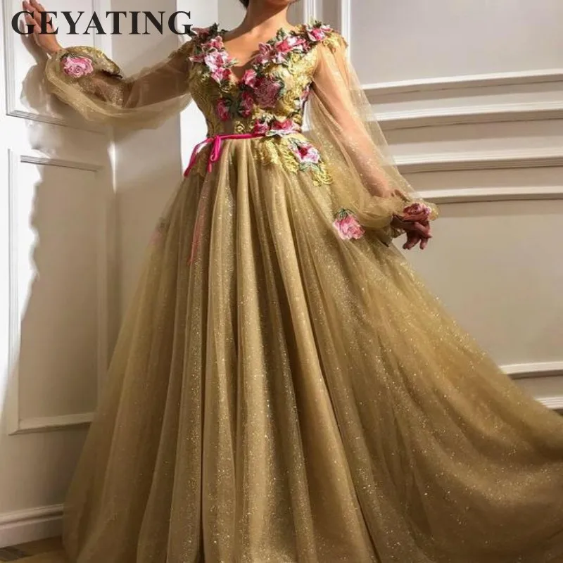 Glitter Tulle Sequin Gold Prom Dresses Lange Mouwen V-hals Borduren Arabische Avondjurken Elegante Vrouwen Formele Party Dress 2020 Glitter Tulle Sequin Gold Prom Dresses Lange Mouwen V-hals Borduren Arabische Avondjurken Elegante Vrouwen Formele Party Dress 2020