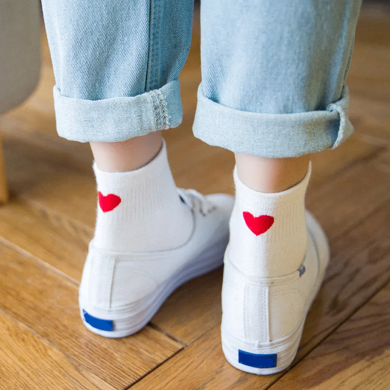Red Heart Love Cotton Socks Women Cute Heart Heel Socks Soild Color Casual Socks
