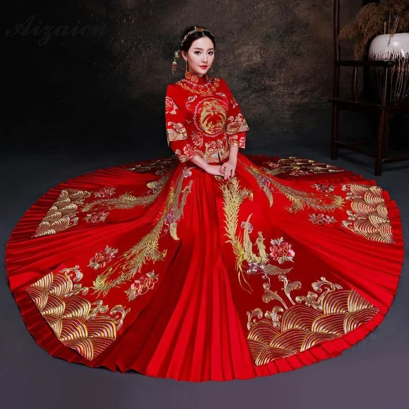 2019 Новое красное китайское свадебное платье Qipao Продвижение оригинальный стиль Ретро Феникс Ципао Длинные платья Qi Pao женское свадебное