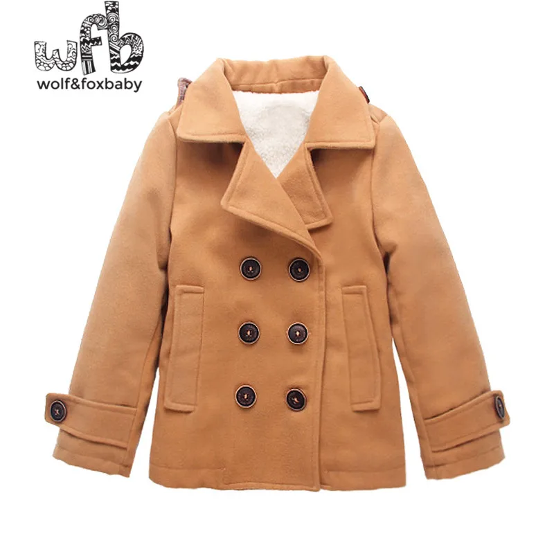 Retail 3-10 years children coats Plus velvet thickening double breasted full-sleeves solid color kids spring autumn fall winter